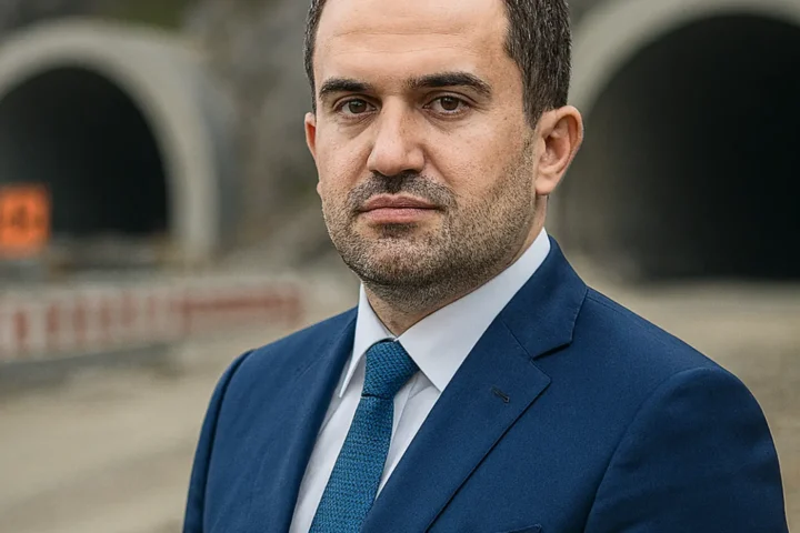 Ciprian Șerban în fața tunelurilor aflate în construcție pe lotul 4 autostrada A1 Sibiu Pitești
