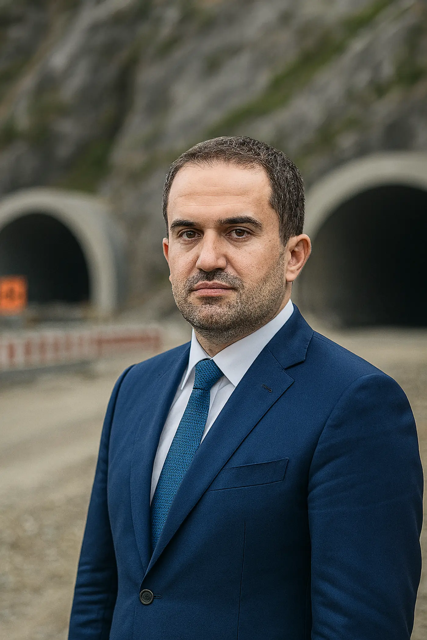 Ciprian Șerban în fața tunelurilor aflate în construcție pe lotul 4 autostrada A1 Sibiu Pitești