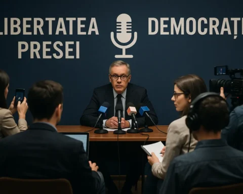 Imagine conceptuală despre libertatea presei în Romania, cu reporteri și microfoane