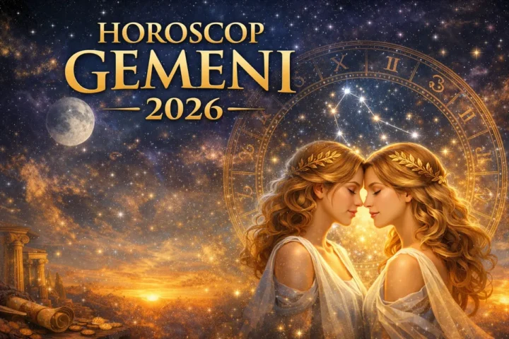 horoscop anual Gemeni 2026 – simbolul zodiei Gemeni într-o compoziție astrologică pentru anul 2026